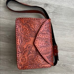 Handcrafted Floral Embossed Leather Bag - Brown